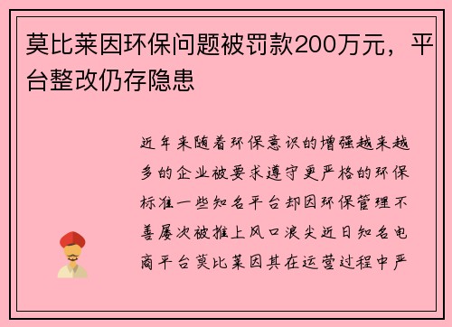 莫比莱因环保问题被罚款200万元,平台整改仍存隐患 莫比莱因环保问题被罚款200万元,平台整改仍存隐患